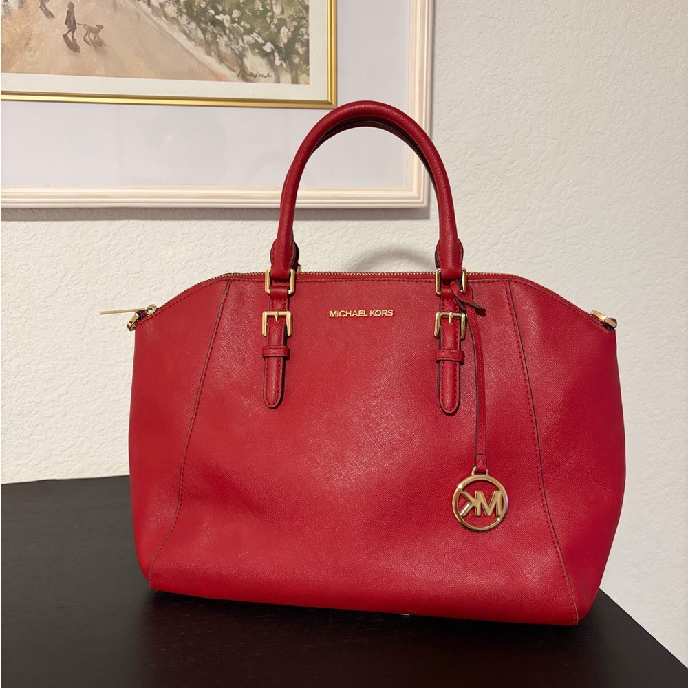 Michael Kors Red Saffiano Satchel with Gold Hardware
